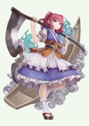 Rule 34 | 1girl, :o, blue skirt, blue vest, boat, eyebrows hidden by hair, frilled skirt, frills, full body, geta, grey background, hair bobbles, hair ornament, hands up, highres, holding, holding scythe, layered skirt, looking at viewer, masakichi (mmw), official art, onozuka komachi, open mouth, over shoulder, puffy short sleeves, puffy sleeves, red eyes, scythe, shirt, short sleeves, short twintails, simple background, skirt, socks, solo, strange creators of outer world, third-party source, touhou, twintails, vest, water, watercraft, waves, weapon, weapon over shoulder, white shirt, white socks