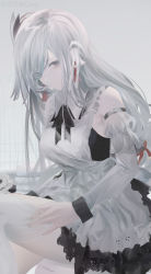 Rule 34 | 1girl, adjusting clothes, adjusting legwear, alternate costume, black bow, black bowtie, bow, bowtie, breasts, ceey, collared dress, commentary, detached sleeves, dress, earrings, enmaided, eyes visible through hair, genshin impact, grey eyes, hair over one eye, highres, jewelry, large breasts, long hair, long sleeves, looking at viewer, maid, shenhe (genshin impact), signature, silver hair, sleeveless, sleeveless dress, solo, thighhighs, very long hair, white dress, white thighhighs