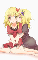 Rule 34 | 2girls, adapted costume, aki minoriko, aki shizuha, alternate costume, barefoot, blonde hair, blush, brown dress, closed eyes, dress, food, fruit, grapes, grey background, heart, heart-shaped pupils, highres, hug, incest, lace, leaf, leaf on head, looking at another, looking to the side, mickeysmith, multiple girls, no headwear, open mouth, profile, red dress, short hair, short sleeves, siblings, simple background, sisters, sitting, symbol-shaped pupils, touhou, yellow eyes, yuri
