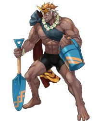Rule 34 | 1boy, barefoot, dark-skinned male, dark skin, fire emblem, fire emblem heroes, flower, full body, helbindi (fire emblem), highres, horn ornament, horns, jewelry, leaf, male focus, manly, multicolored hair, necklace, nintendo, official alternate costume, official art, orange hair, red eyes, scar, shovel, solo, swimsuit, teeth, transparent background, two-tone hair, white hair