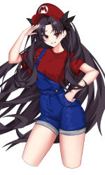 Rule 34 | 1girl, absurdres, black hair, blue overalls, breasts, cosplay, fate/grand order, fate (series), hat, highres, ishtar (fate), large breasts, long hair, mario, mario (cosplay), mario (series), mergerri, nintendo, overalls, parted bangs, red eyes, red hat, red shirt, shirt, short sleeves, simple background, solo, two side up, very long hair, white background