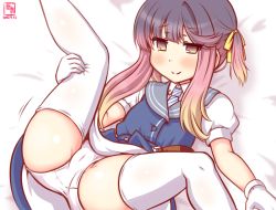 Rule 34 | 1girl, artist logo, blue dress, cameltoe, commentary request, cosplay, dated, dress, feet out of frame, gloves, gradient hair, grey sailor collar, kanon (kurogane knights), kantai collection, multicolored hair, necktie, one-hour drawing challenge, orange hair, panties, purple eyes, purple hair, sailor collar, shirt, short hair with long locks, sidelocks, smile, solo, spread legs, striped necktie, thighhighs, tsushima (kancolle), ukuru (kancolle), ukuru (kancolle) (cosplay), underwear, white gloves, white panties, white shirt, white thighhighs