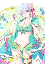 Rule 34 | 1girl, absurdres, armlet, bare shoulders, bikini, blush, bracelet, braid, braided ponytail, breasts, cleavage, collarbone, earrings, fate/grand order, fate (series), flower, frills, fushimi go, green bikini, green vest, hair flower, hair ornament, hair ribbon, highres, hood, hooded vest, hoodie, jewelry, kama (fate), kama (swimsuit avenger) (fate), kama (swimsuit avenger) (second ascension) (fate), large breasts, long hair, looking at viewer, lotus, nail polish, navel, necklace, one eye closed, pendant, red eyes, ribbon, smile, solo, swimsuit, thighs, vest, white hair
