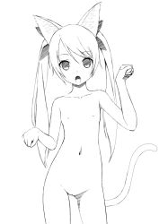 Rule 34 | 1girl, animal ears, bad id, bad pixiv id, flat chest, greyscale, long hair, monochrome, nipples, nude, open mouth, original, pussy, setona (daice), solo, tail, twintails, uncensored