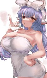 Rule 34 | 1girl, absurdres, animal ears, bare shoulders, blue hair, blush, bottle, breasts, catura (granblue fantasy), cleavage, cow ears, cow girl, cow horns, draph, granblue fantasy, highres, horns, large breasts, long hair, looking at viewer, maou (maoudaisukiya), naked towel, open mouth, pointy ears, solo, towel, towel on head, white towel