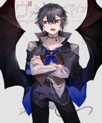 Rule 34 | 1boy, black cape, black choker, black hair, black wings, blood, blood from mouth, blue cape, cape, chain, choker, crossed arms, demon wings, grey background, high collar, highres, jewelry, long sleeves, looking to the side, low wings, male focus, open mouth, original, pointy ears, red eyes, shirt, signature, simple background, solo, vampire, vest, wings, zaso
