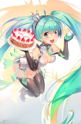 Rule 34 | 1girl, :d, ahoge, aqua eyes, aqua hair, black gloves, black thighhighs, breasts, cake, cleavage, duan henglong, elbow gloves, food, fruit, gloves, happy birthday, hatsune miku, high heels, highres, long hair, necktie, open mouth, race queen, racing miku, smile, solo, strawberry, thighhighs, twintails, very long hair, vocaloid