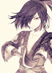 Rule 34 | 1boy, amputee, commentary request, dororo (tezuka), greyscale, guest art, hair over one eye, highres, hyakkimaru (dororo), japanese clothes, kimono, long hair, looking at viewer, male focus, monochrome, ponytail, prosthetic weapon, riuichi, serious, simple background, solo