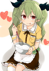 Rule 34 | 1girl, alternate costume, anchovy (girls und panzer), apron, barashiya, black ribbon, black skirt, blouse, closed mouth, coco&#039;s, collared shirt, commentary, drill hair, food, food on face, frilled apron, frilled skirt, frills, girls und panzer, green hair, hair ribbon, heart, highres, holding, long hair, looking at viewer, miniskirt, mixing bowl, name tag, neck ribbon, pleated skirt, red eyes, ribbon, shirt, short sleeves, sitting, skirt, smile, solo, thighhighs, twin drills, twintails, waist apron, waitress, whipped cream, whisk, white apron, white thighhighs, wrist cuffs, yellow shirt
