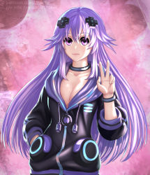 Rule 34 | 10s, 1girl, adult neptune, bracelet, breasts, cleavage, collar, collarbone, cowboy shot, d-pad, female focus, holster, hood, hooded jacket, hoodie, jacket, jewelry, jyu ichi, large breasts, long hair, long sleeves, looking at viewer, neptune (neptunia), neptune (series), open clothes, open jacket, open mouth, pink hair, purple eyes, purple hair, shin jigen game neptune vii, smile, solo, thigh holster, usb, v, w