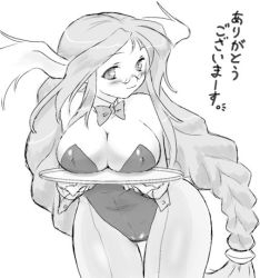 Rule 34 | 1girl, animal ears, blush, breasts, breath of fire, breath of fire iii, cleavage, dr.p, fake animal ears, glasses, greyscale, large breasts, long hair, lowres, momo (breath of fire), monochrome, pantyhose, playboy bunny, rabbit ears, solo, twintails
