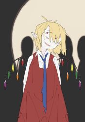 Rule 34 | 1girl, arms behind back, blonde hair, blue necktie, bolos, collared shirt, commentary, cowboy shot, crystal, different shadow, dress, english commentary, eyes visible through hair, fang, fangs, flandre scarlet, four of a kind (touhou), hair between eyes, head tilt, long bangs, looking up, messy hair, necktie, no headwear, open mouth, pale skin, pinafore dress, pointy ears, red dress, red eyes, shadow, shirt, short hair, sleeveless, sleeveless dress, smile, solo, torn clothes, torn dress, torn necktie, touhou, white shirt, wings