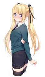 Rule 34 | 1girl, arm behind back, ass, black necktie, black ribbon, black shorts, black thighhighs, blue eyes, cardigan, clenched hand, closed mouth, collared shirt, dress shirt, from side, green cardigan, hair ribbon, highres, iwbitu, long hair, long sleeves, looking at viewer, looking back, necktie, original, ribbed legwear, ribbon, shirt, shorts, solo, thighhighs, twintails, very long hair, white background, white shirt