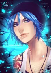 Rule 34 | 1girl, artist name, beanie, black hat, blue eyes, blue hair, chloe price, hat, jewelry, life is strange, little-miss-boxie, looking to the side, necklace, portrait, short hair, shoulder tattoo, solo, tank top, tattoo, white tank top