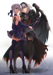 Rule 34 | 2girls, absurdres, arm around waist, armor, armored dress, artoria pendragon (all), artoria pendragon (fate), back bow, backless dress, backless outfit, black legwear, blonde hair, bow, braid, breasts, cape, crown braid, detached sleeves, dress, fate/grand order, fate (series), fur collar, fur trim, gauntlets, hair bow, high heels, highres, jeanne d&#039;arc (fate), jeanne d&#039;arc alter (avenger) (fate), jeanne d&#039;arc alter (fate), koufu (seratin), looking at viewer, looking back, multiple girls, saber (fate), saber alter, short dress, silver hair, smile, standing, sword, thighhighs, weapon, yellow eyes