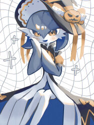Rule 34 | 1girl, alternate color, black cloak, black hat, blue hair, blue skin, blush, bob cut, bow, cloak, clothed pokemon, colored skin, creatures (company), cross, detached sleeves, female focus, game freak, gardevoir, gardevoir (halloween), gen 3 pokemon, hair between eyes, halloween, hands up, happy, hat, hat bow, hat ribbon, highres, latin cross, legs together, looking at viewer, mame (pixiv 57985908), multicolored skin, nintendo, open mouth, orange bow, orange eyes, orange ribbon, orange sleeves, own hands together, pokemon, pokemon (creature), pokemon cafe remix, puffy short sleeves, puffy sleeves, ribbon, shiny pokemon, short hair, short sleeves, sitting, smile, solo, two-tone skin, white background, white skin, witch hat