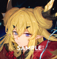 Rule 34 | 1girl, arknights, blonde hair, blue eyes, character request, commentary request, double-parted bangs, english text, etiv, hair between eyes, hairpin, horns, jacket, long hair, multiple hairpins, pointy ears, red jacket, solo, teeth, upper body