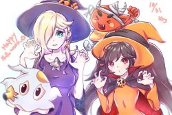 Rule 34 | 2girls, alternate costume, ashley (warioware), bad hands, black hair, blonde hair, blue eyes, brooch, cape, claw pose, dated, dress, earrings, fang, ghost costume, hair over one eye, halloween, halloween costume, happy halloween, hat, jewelry, long hair, long sleeves, looking at viewer, luma (mario), mario (series), mario kart, mario kart tour, multiple girls, nintendo, nukoko12, official alternate costume, orange dress, orange headwear, purple dress, purple headwear, red (warioware), red eyes, rosalina, rosalina (halloween), skull ornament, star (symbol), star earrings, twintails, warioware, warioware: gold, white background, wide sleeves, witch, witch hat