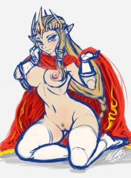 Rule 34 | 1girl, blonde hair, blue eyes, blush, breasts, brown hair, cape, crown, earrings, elbow gloves, female pubic hair, forehead jewel, gloves, huge nipples, hyrule warriors, inuki, jewelry, kneeling, large breasts, looking at viewer, naked cape, navel, nintendo, nipples, nude, pointy ears, princess zelda, pubic hair, pussy, sidelocks, simple background, sketch, solo, source request, the legend of zelda, thighhighs, uncensored, white gloves, white thighhighs