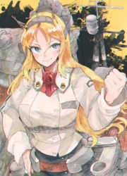 Rule 34 | 1girl, ascot, blonde hair, blue eyes, breasts, cannon, chromatic aberration, flower, hand on own hip, headgear, itomugi-kun, kantai collection, large breasts, long hair, long sleeves, machinery, military, military uniform, nelson (kancolle), open mouth, pencil skirt, red ascot, red flower, red rose, rigging, rose, skirt, smile, solo, turret, uniform, yellow background
