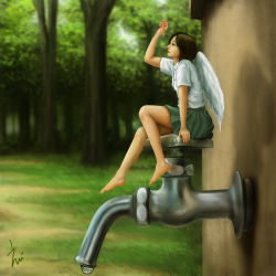 Rule 34 | 1girl, artist name, barefoot, brown hair, day, ebi (eeotoko), fairy, faucet, feathered wings, feathers, grass, highres, legs, mini person, minigirl, original, outdoors, short hair, signature, skirt, solo, tree, valve (object), water drop, wings