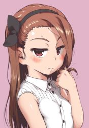 Rule 34 | 1girl, blush, breasts, brown hair, twirling hair, hairband, idolmaster, idolmaster (classic), long hair, looking at viewer, minase iori, pink background, red eyes, sleeveless, small breasts, solo, sweatdrop, ttomm, upper body