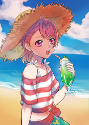 Rule 34 | 1boy, androgynous, beach, blush, cloud, day, dinn (db317), drink, glass, hat, highres, king of prism, king of prism by prettyrhythm, looking at viewer, male focus, midriff, navel, open mouth, outdoors, pink eyes, pink hair, pretty rhythm, pretty series, saionji reo, sky, smile, solo, straw, straw hat, sun hat, trap, water