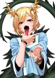 Rule 34 | 1girl, absurdres, blonde hair, blue shirt, bracelet, dragon horns, dragon tail, highres, horns, jewelry, kicchou yachie, long sleeves, looking at viewer, mole, mole under eye, nail polish, open mouth, oral invitation, red eyes, red nails, rihito (usazukin), sharp teeth, shirt, short hair, simple background, solo, tail, tattoo, teeth, tongue, tongue out, touhou, turtle shell, upper body, white background