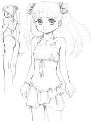 Rule 34 | 1girl, ass, bow, casual one-piece swimsuit, flat chest, fuji shinobu, greyscale, hair bow, halterneck, monochrome, one-piece swimsuit, sketch, smile, solo, swimsuit, twintails