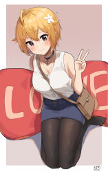 1girl, ahoge, artist name, bag, bangs, bare arms, bare shoulders, between breasts, black choker, blonde hair, blue skirt, blush, border, breasts, brown background, brown legwear, choker, cleavage, closed mouth, collarbone, commentary, cross, cross choker, dated, eyebrows visible through hair, flower, full body, grey background, hair between eyes, hair flaps, hair flower, hair ornament, hand up, handbag, highres, ibuki tsubasa, idolmaster, idolmaster million live!, large breasts, looking at viewer, miniskirt, myeolchi, no shoes, notice lines, outside border, panties, panties under pantyhose, pantyhose, pantyshot, pencil skirt, pillow, red eyes, seiza, shiny, shiny hair, shirt, shirt tucked in, short hair, shoulder bag, simple background, sitting, skirt, sleeveless, sleeveless shirt, smile, solo, strap between breasts, two-tone background, underwear, v, white background, white border, white flower, white shirt