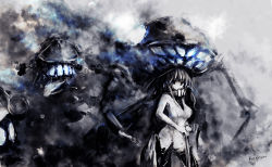 10s 1girl abyssal_ship artist_name blue_eyes bodysuit cane cape gloves glowing glowing_eyes hat izumi-tonasa kagitsune_torii kantai_collection long_hair looking_at_viewer monster personification signature silver_hair smoke tongue wo-class_aircraft_carrier