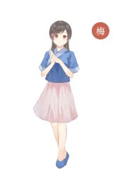 Rule 34 | 1girl, absurdres, alternate costume, aoqun, beizhen922, black hair, blue footwear, blue shirt, brown hair, chinese clothes, full body, hair ornament, hairclip, hanfu, highres, jiaoling ruqun, long hair, looking at viewer, own hands together, red eyes, ruqun, shirt, short sleeves, simple background, skirt, smile, solo, standing, white background