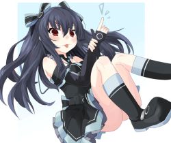 Rule 34 | bare shoulders, black hair, boots, breasts, collar, dress, fuji amiha, gloves, hair ornament, hairclip, long hair, neptune (series), red eyes, skirt, small breasts, smile, thighs, tongue, tsundere, twintails, two side up, uni (neptunia)