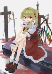 Rule 34 | 1girl, absurdres, ascot, belt, belt buckle, black footwear, blonde hair, blood, bloody weapon, brown belt, buckle, coffin, collared shirt, commentary request, crystal, flandre scarlet, frilled skirt, frilled sleeves, frills, gengetuhime, hair between eyes, hand on own cheek, hand on own face, highres, medium hair, multicolored wings, nail polish, no headwear, no headwear, open mouth, puffy short sleeves, puffy sleeves, red eyes, red nails, red skirt, red vest, shirt, shoes, short sleeves, sitting, skirt, skirt set, socks, solo, sword, tombstone, touhou, vest, weapon, white shirt, white socks, wings, wrist cuffs, yellow ascot