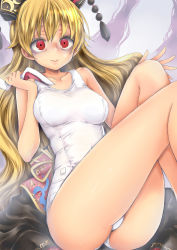 Rule 34 | 1girl, animal ears, bags under eyes, bare legs, black dress, blonde hair, breasts, chikado, chinese clothes, closed mouth, collarbone, dress, grabbing another&#039;s ear, hand on another&#039;s ear, hat, junko (touhou), legs, legs up, long hair, looking at viewer, medium breasts, one-piece swimsuit, out of frame, rabbit ears, red eyes, reisen udongein inaba, school swimsuit, solo, swimsuit, tabard, tassel, touhou, very long hair, white one-piece swimsuit, white school swimsuit