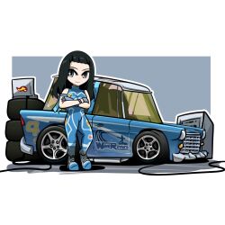 Rule 34 | 1girl, black hair, blue bodysuit, blue eyes, bodysuit, boots, cable, car, commentary, commission, crossed arms, english commentary, grey footwear, highres, holeecrab, hot wheels, hot wheels: acceleracers, lani tam, logo, long hair, motor vehicle, second-party source, shadow, sleeveless, sleeveless bodysuit, smile, solo, turtleneck, turtleneck bodysuit, wheel