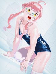 Rule 34 | 1girl, absurdres, all fours, bathroom, bathtub, blue-framed eyewear, blue one-piece swimsuit, collarbone, competition school swimsuit, double bun, dutch angle, feet out of frame, flat chest, glasses, hair bun, highres, kantai collection, long sleeves, makigumo (kancolle), ojipon, one-piece swimsuit, open mouth, pink hair, round teeth, school swimsuit, shiny clothes, smile, solo, swimsuit, teeth, thighhighs, twintails, upper teeth only, wet, wet clothes, white thighhighs, yellow eyes