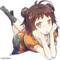 Rule 34 | 10s, 1girl, ahoge, antenna hair, bad id, bad twitter id, brown eyes, brown hair, double bun, full body, hair bun, head rest, kantai collection, looking at viewer, lying, naka (kancolle), no shoes, on stomach, open mouth, orange eyes, short hair, simple background, sketch, skirt, socks, solo, sts, twitter username, white background