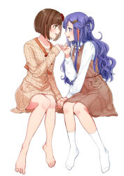 Rule 34 | 2girls, asari nanami, barefoot, bintaptyo, blue eyes, blue hair, blush, breasts, brown dress, brown hair, collarbone, dress, fish hair ornament, flower, full body, green eyes, hair flower, hair ornament, hair rings, hand up, highres, holding hands, idolmaster, idolmaster cinderella girls, idolmaster cinderella girls starlight stage, invisible chair, large breasts, long hair, long sleeves, looking at another, maekawa miku, medium breasts, multiple girls, neck ribbon, open mouth, pinky swear, red flower, red ribbon, ribbon, school uniform, shirt, short hair, simple background, sitting, sleeveless, sleeveless dress, smile, socks, solo, staring, teeth, toenails, toes, upper teeth only, very long hair, white background, white shirt, white socks