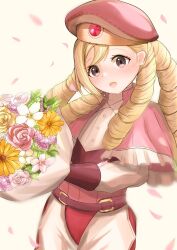 Rule 34 | 1boy, :d, bad dobbyyyyy, belt, beret, black eyes, blonde hair, bouquet, commentary request, drill hair, eyelashes, fire emblem, fire emblem fates, flower, forrest (fire emblem), gloves, hat, highres, holding, holding bouquet, long hair, looking at viewer, male focus, nintendo, open mouth, pink flower, quad drills, red gloves, simple background, smile, solo, standing, trap, white background, yellow flower