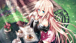 Rule 34 | 1girl, bare shoulders, blush, book, braid, chair, chocolate, choker, cup, cupcake, flower, fork, from above, gabiran, grass, ia (vocaloid), long hair, off shoulder, outdoors, petals, pink hair, plate, rose, sitting, skirt, solo, table, tea set, teacup, teapot, thigh strap, tray, twin braids, vase, vocaloid