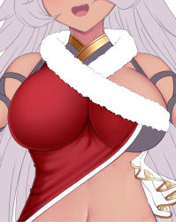 Rule 34 | 1girl, breast focus, breasts, cleavage, dark skin, dark-skinned female, fang, fur trim, granblue fantasy, grey hair, head out of frame, highres, large breasts, long hair, melopun, midriff, navel, nemone, open mouth, santa costume, smile, solo, stomach, upper body