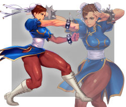 Rule 34 | 1girl, arm up, asymmetrical bangs, blue dress, boots, bracelet, breasts, brown eyes, brown hair, brown pantyhose, bun cover, capcom, china dress, chinese clothes, chun-li, clenched hands, closed mouth, commentary request, cross-laced footwear, double bun, dress, eyeliner, fighting stance, from side, full body, grey background, grey footwear, hair bun, highres, jewelry, lace-up boots, large breasts, legs apart, looking away, makeup, multiple views, muscular, ogami, outstretched arm, outstretched arms, outstretched hand, pantyhose, parted lips, pelvic curtain, sash, short hair, short sleeves, spiked bracelet, spikes, standing, street fighter, thick thighs, thighs, turtleneck, v-shaped eyebrows