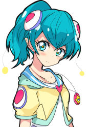 Rule 34 | 1girl, blue eyes, blue hair, blush, closed mouth, collarbone, commentary request, hagoromo lala, hair between eyes, hair ornament, haru (nature life), high ponytail, jacket, looking at viewer, ponytail, precure, puffy short sleeves, puffy sleeves, shirt, short sleeves, simple background, smile, solo, star-shaped pupils, star (symbol), star twinkle precure, symbol-shaped pupils, upper body, white background, white shirt, yellow jacket