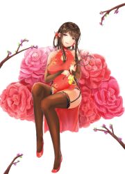 Rule 34 | 1girl, absurdres, bare shoulders, black panties, blunt bangs, branch, breasts, bridal gauntlets, brown hair, brown thighhighs, china dress, chinese clothes, cleavage, cleavage cutout, clothing cutout, collarbone, crossed legs, dress, dsr-50 (girls&#039; frontline), dsr-50 (red peony) (girls&#039; frontline), flower, girls&#039; frontline, hair flower, hair ornament, half-closed eyes, hand on leg, head tilt, highres, holding, holding branch, lace, lace-trimmed legwear, lace trim, large breasts, long hair, looking at viewer, official alternate costume, open mouth, panties, red dress, red eyes, red footwear, satsuki, shoes, side slit, sidelocks, simple background, sitting, smile, solo, studs, thighhighs, thighs, underwear, white background