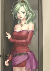 Rule 34 | 1990s (style), 1girl, bare shoulders, breasts, bridal gauntlets, cleavage, detached sleeves, dress, final fantasy, final fantasy vi, green eyes, green hair, jewelry, large breasts, matching hair/eyes, necklace, pantyhose, ponytail, retro artstyle, solo, strapless, strapless dress, tina branford, yuccoshi