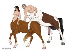 Rule 34 | 1boy, 1girl, animal penis, beard, blush, breasts, brown eyes, brown hair, centaur, cleavage, commentary, completely nude, english commentary, facial hair, full body, hetero, horse penis, light brown hair, long hair, looking at another, looking back, lykostherium, medium breasts, mustache, navel, nipples, nude, original, parted bangs, penis, sidelocks, simple background, stomach, taur, white background