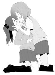 Rule 34 | 10s, 2girls, blush, bow, bowtie, eye contact, face-to-face, greyscale, hair bow, hand on another&#039;s face, hands on another&#039;s cheeks, hands on another&#039;s face, highres, imminent kiss, kneehighs, kneeling, long hair, looking at another, love live!, love live! school idol project, meito (maze), monochrome, multiple girls, nishikino maki, no shoes, open mouth, pleated skirt, profile, school uniform, short hair, skirt, socks, sweater, sweater vest, twintails, yazawa nico, yuri