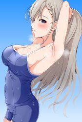 Rule 34 | absurdres, armpits, arms behind head, blue background, blue eyes, blue one-piece swimsuit, blue sky, breasts, cleavage, day, grey hair, highres, hisakawa hayate, idolmaster, idolmaster cinderella girls, large breasts, long hair, looking at viewer, one-piece swimsuit, open mouth, raindrop746079, shiny skin, sky, solo, standing, sweat, swimsuit, wet