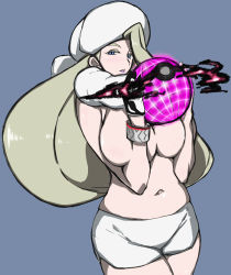 Rule 34 | 1girl, bangs, big hair, black gloves, blue background, blue eyes, breasts, covering nipples, creatures (company), dynamax ball, fur hat, game freak, ggarden, gloves, glowing, green hair, gym leader, hands up, hat, huge breasts, lips, long hair, looking at viewer, melony (pokemon), milf, navel, nintendo, parted lips, poke ball, pokemon, pokemon (game), pokemon swsh, purple lips, scarf, shorts, single glove, solo, standing, stomach, thick eyebrows, topless, white headwear, white scarf, white shorts